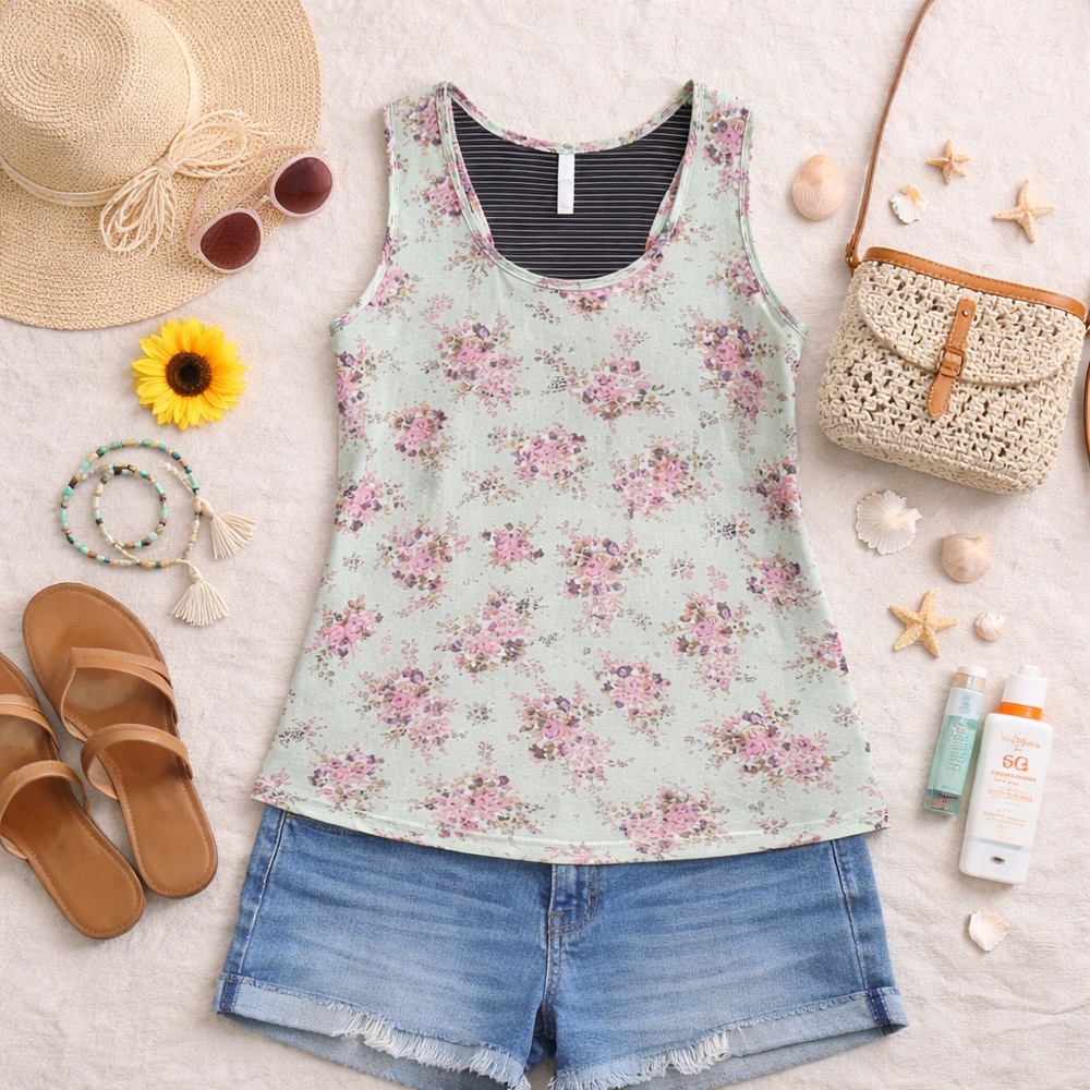 Xhilaration Floral Tank Top Large Mint Green Pink Racerback Layered Camisole